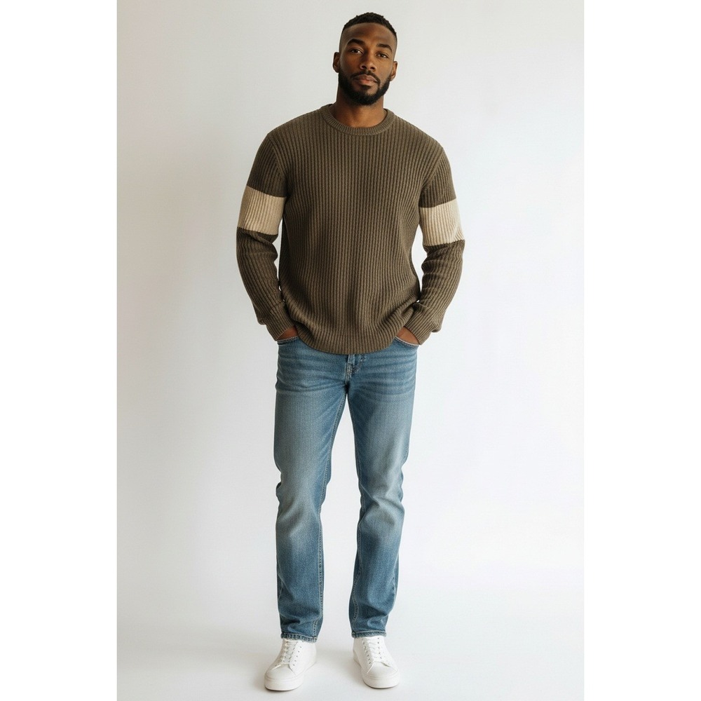 GAP Men's XL Gray 100% Cotton Ribbed Knit Crew Neck Pullover Sweater Striped